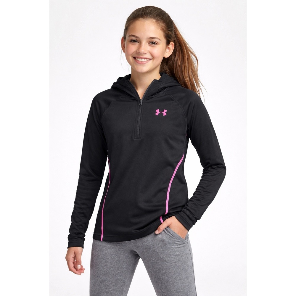 Under Armour Girls Hoodie YLG Black Pink Logo 1/4 Zip Youth Athletic School